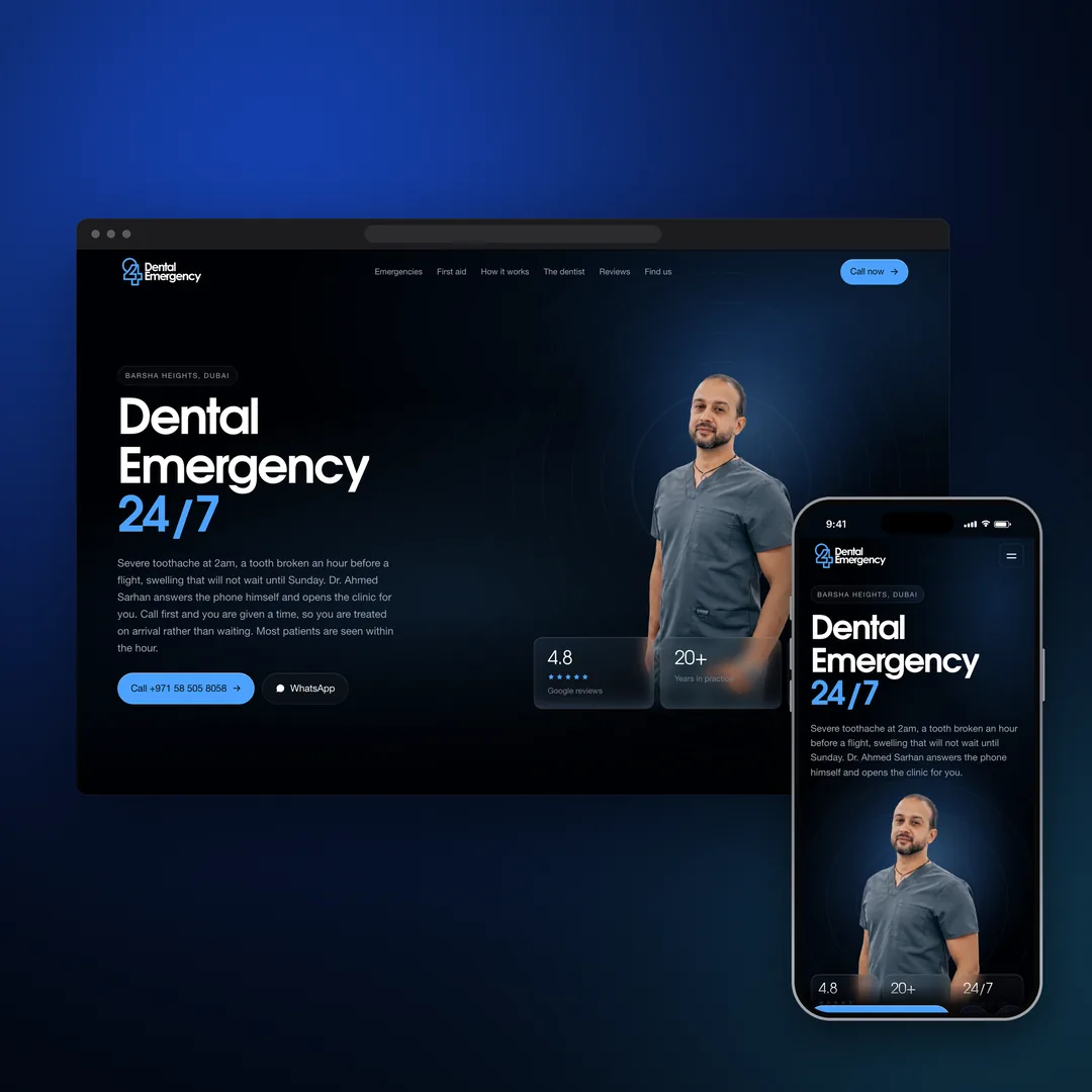 Dental Emergency 24/7 website shown on a device