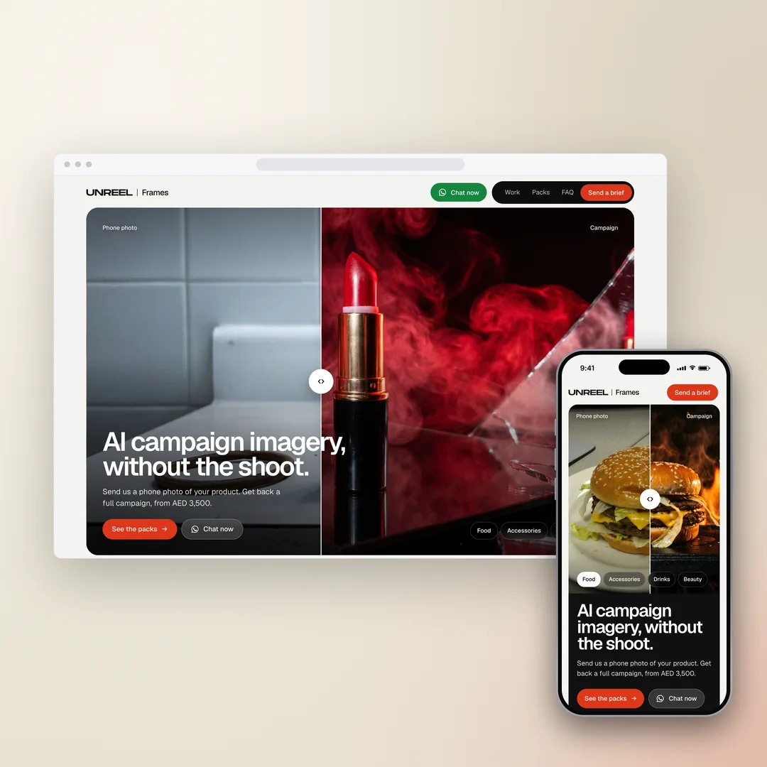 UNREEL Frames website shown on a device